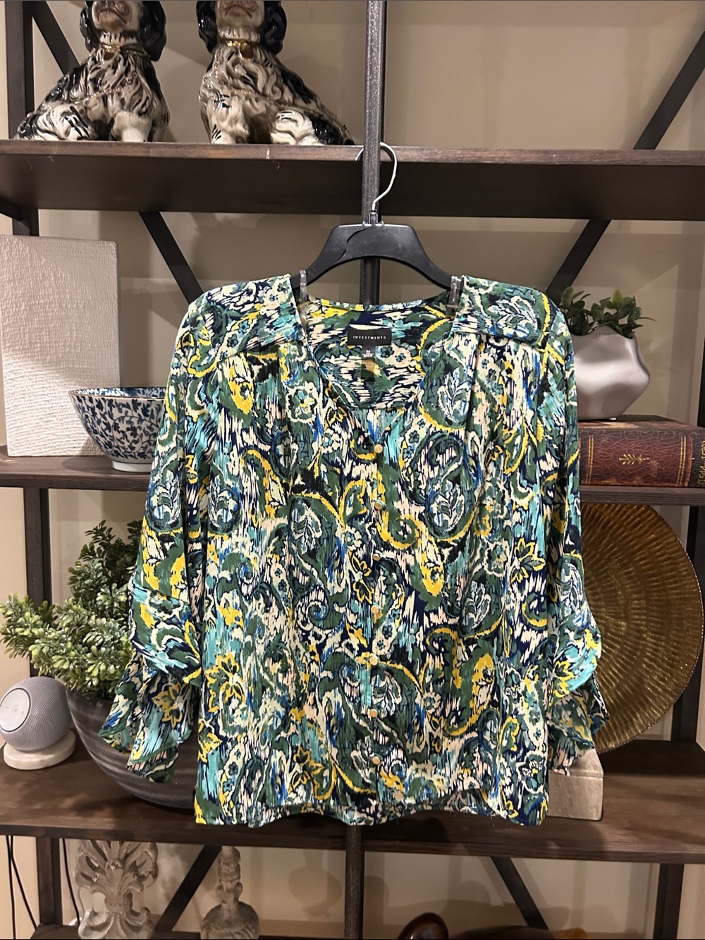 Investments Teal, Yellow & Navy Printed V-Neck Blouse medium